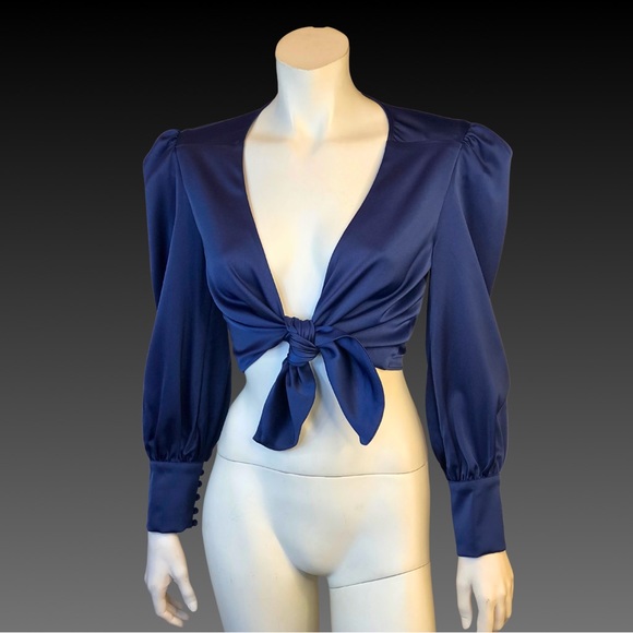 WAYF Navy Blue Satin Tie Front Cropped Shirt Jacket M NWT - Picture 7 of 10